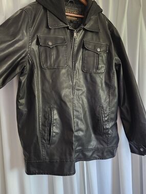 Arizona Jean Company Black Faux Leather Military-Style Jacket with Hood